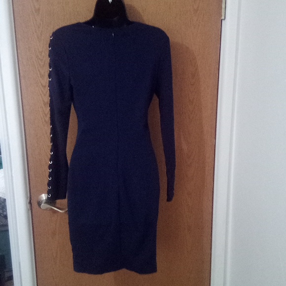 Venus Knit Long Sleeve Cut Out Lace‎ Up Detail Sheath Bodycon Dress Navy Blue - Picture 7 of 7